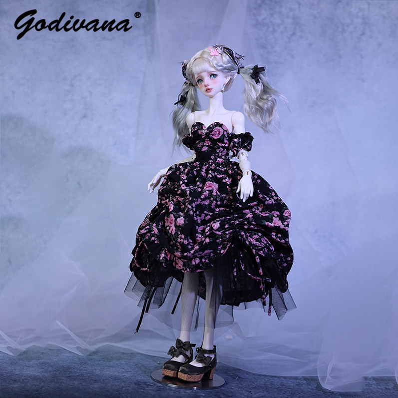 Midi Skirt Floral - 1/4 BJD Doll Dress Black‑Base Pink
