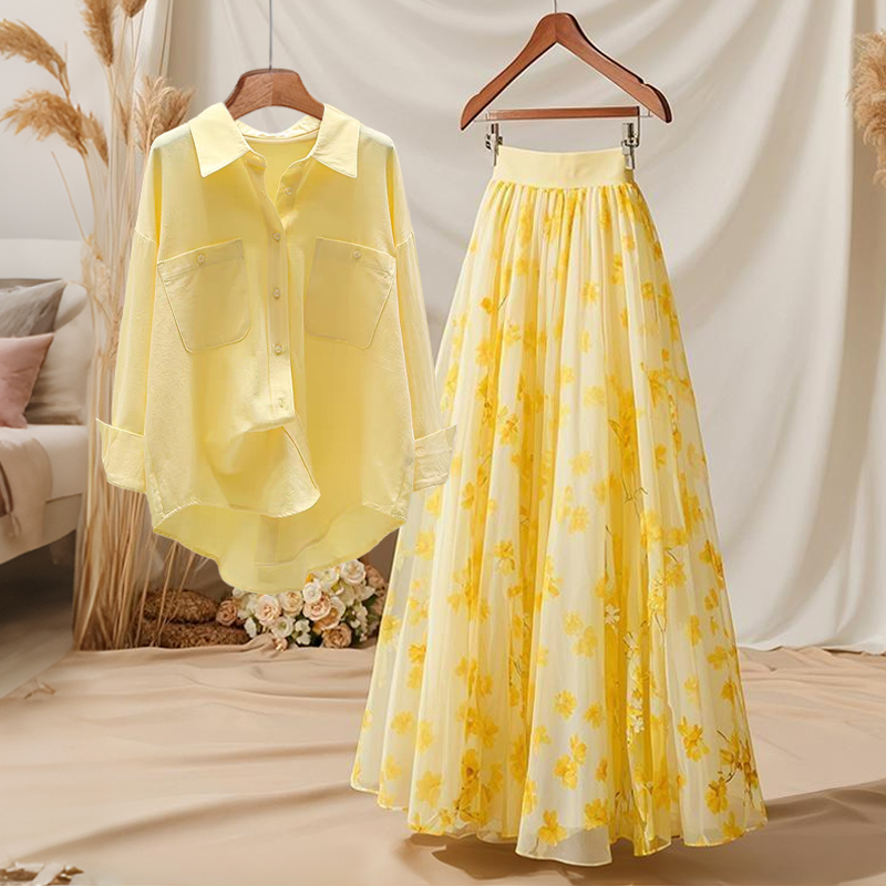 Midi Skirt Floral - Yellow Shirt And Floral Skirt Two-Piece
